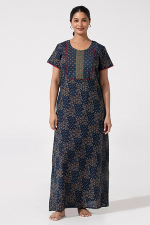 Navy Blue Cotton Nighty with Floral Printed Design