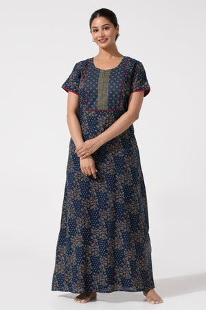 Navy Blue Cotton Nighty with Floral Printed Design