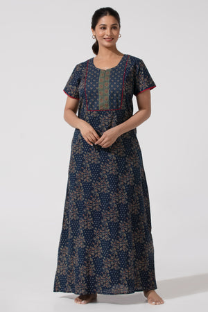 Navy Blue Cotton Nighty with Floral Printed Design