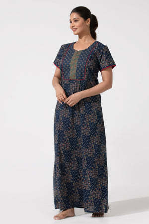 Navy Blue Cotton Nighty with Floral Printed Design