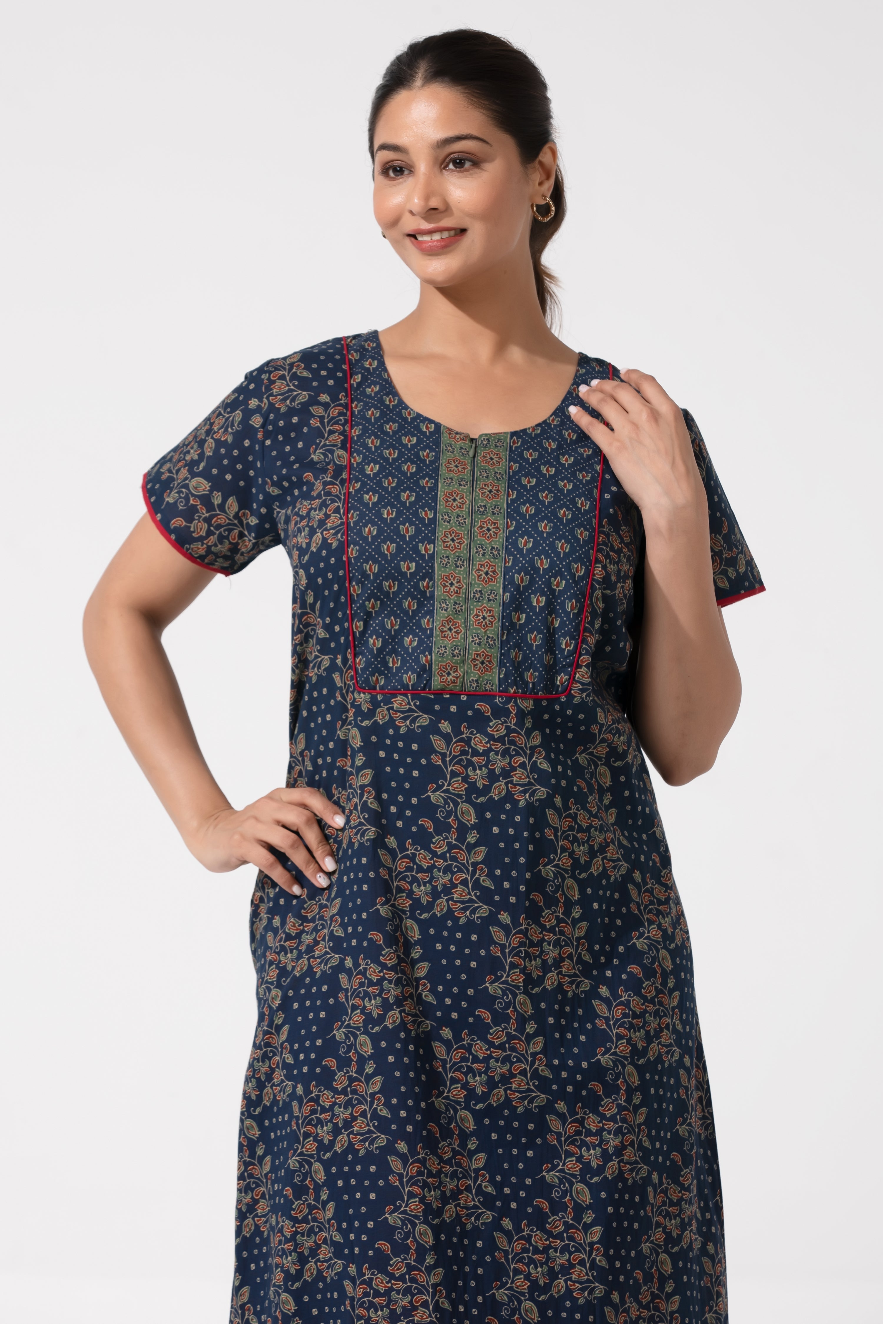 Navy Blue Cotton Nighty with Floral Printed Design