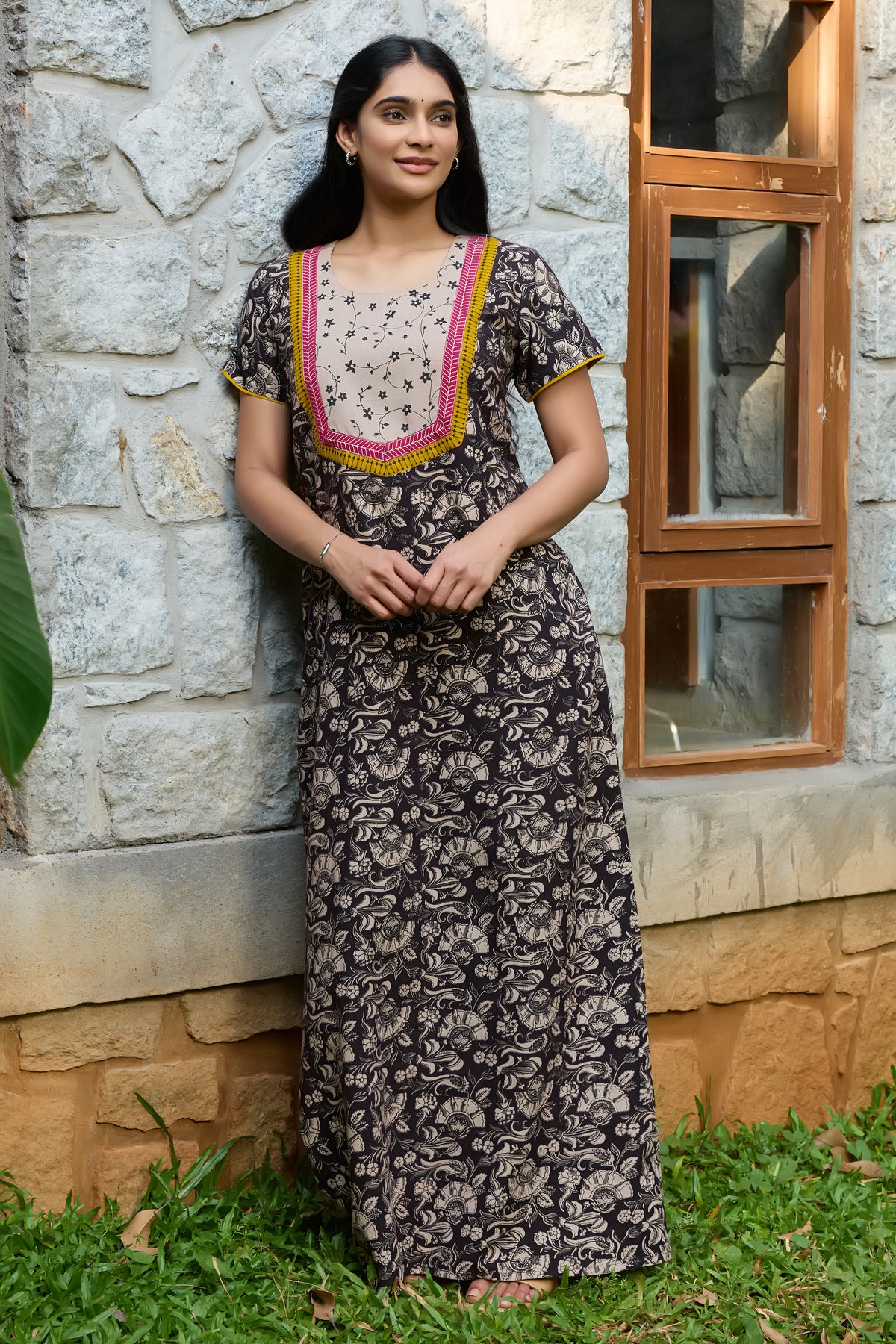 Black Kalamkari Cotton Nightwear With Floral Print Yoke