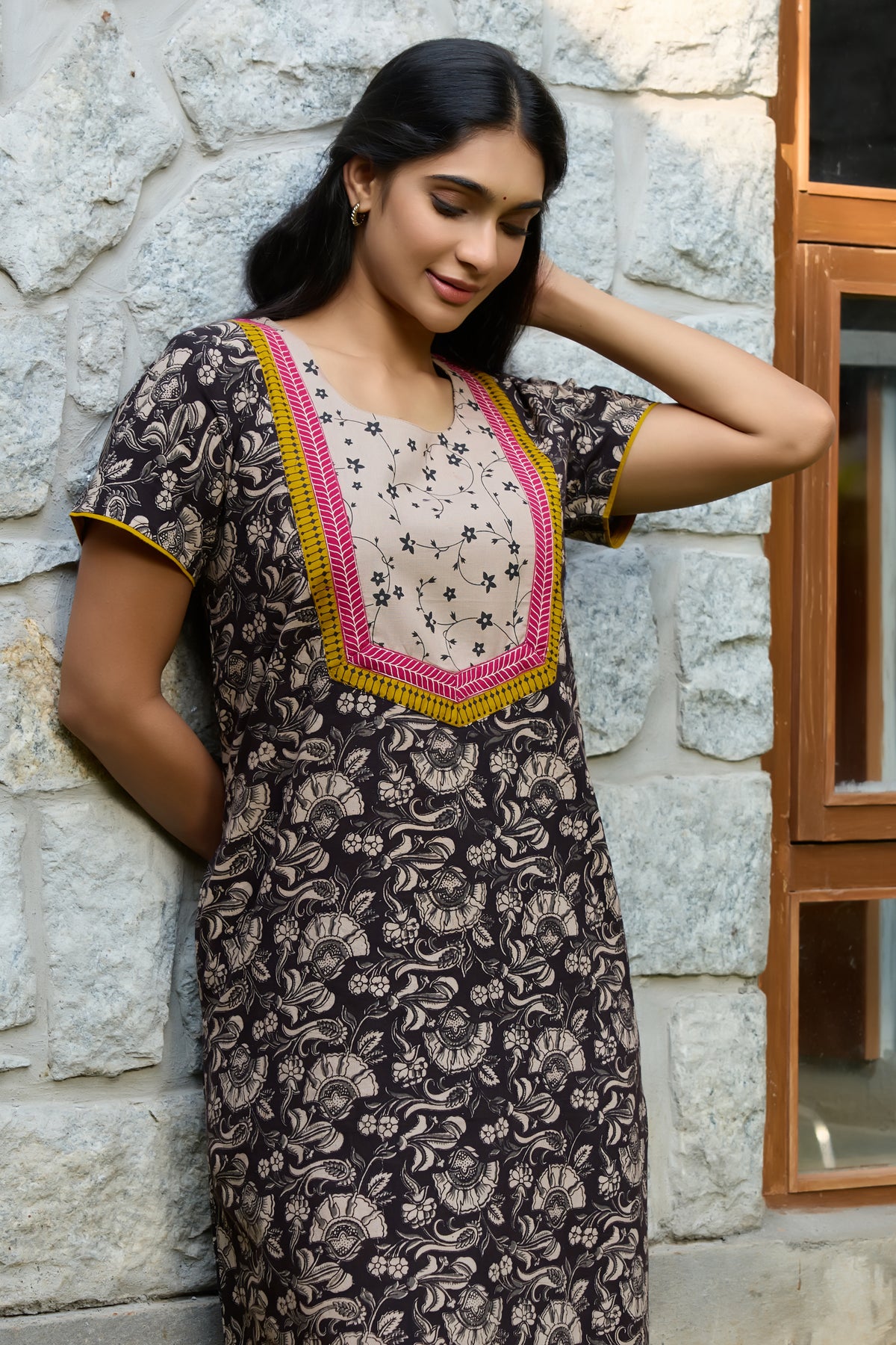 Black Kalamkari Cotton Nightwear With Floral Print Yoke