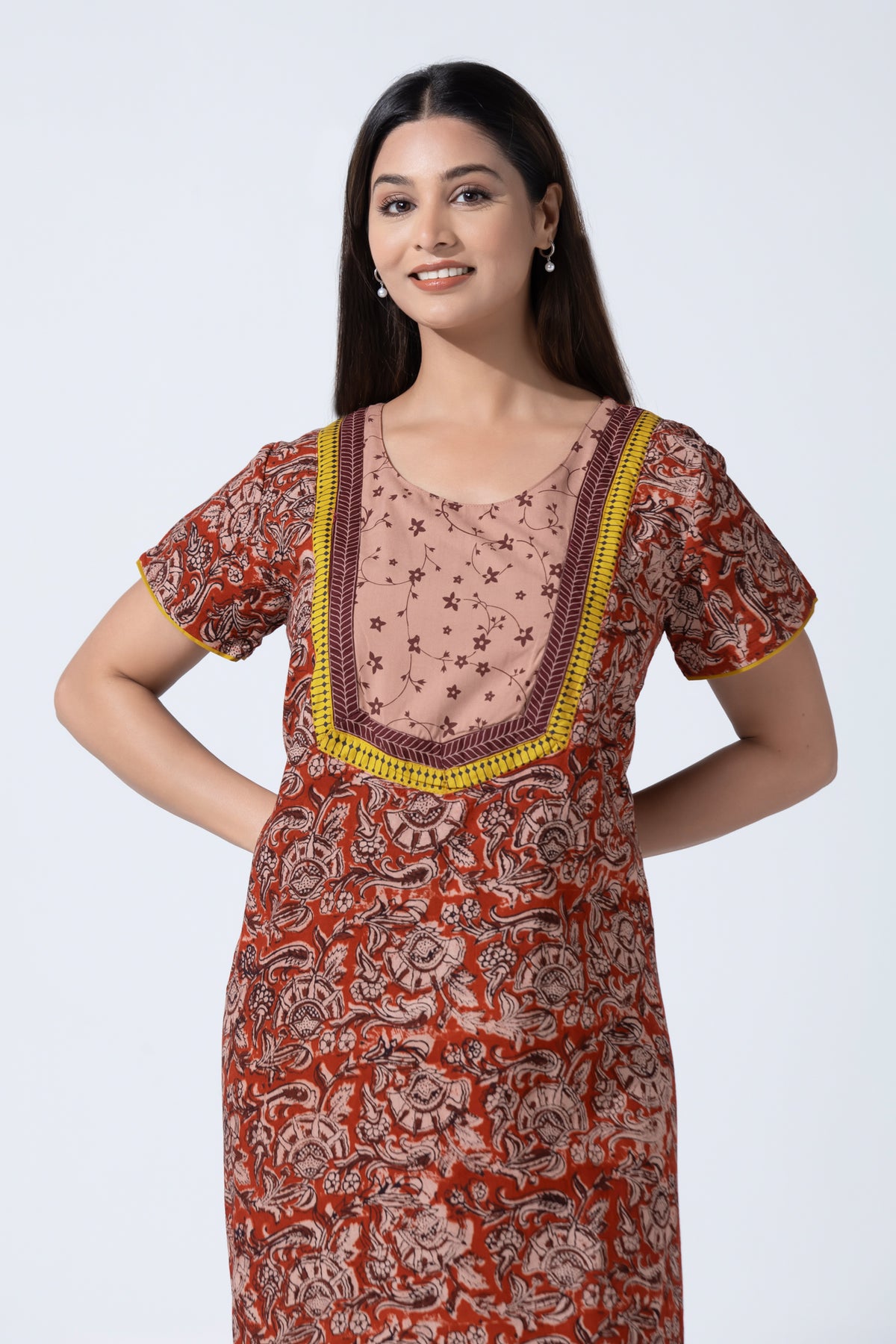 Red Kalamkari Cotton Nightwear With Floral Print