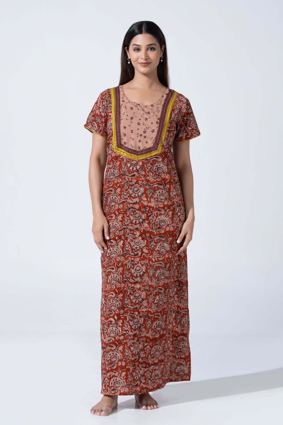 Red Kalamkari Cotton Nightwear With Floral Print