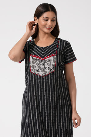 Black Printed Cotton Nightwear with Floral Yoke
