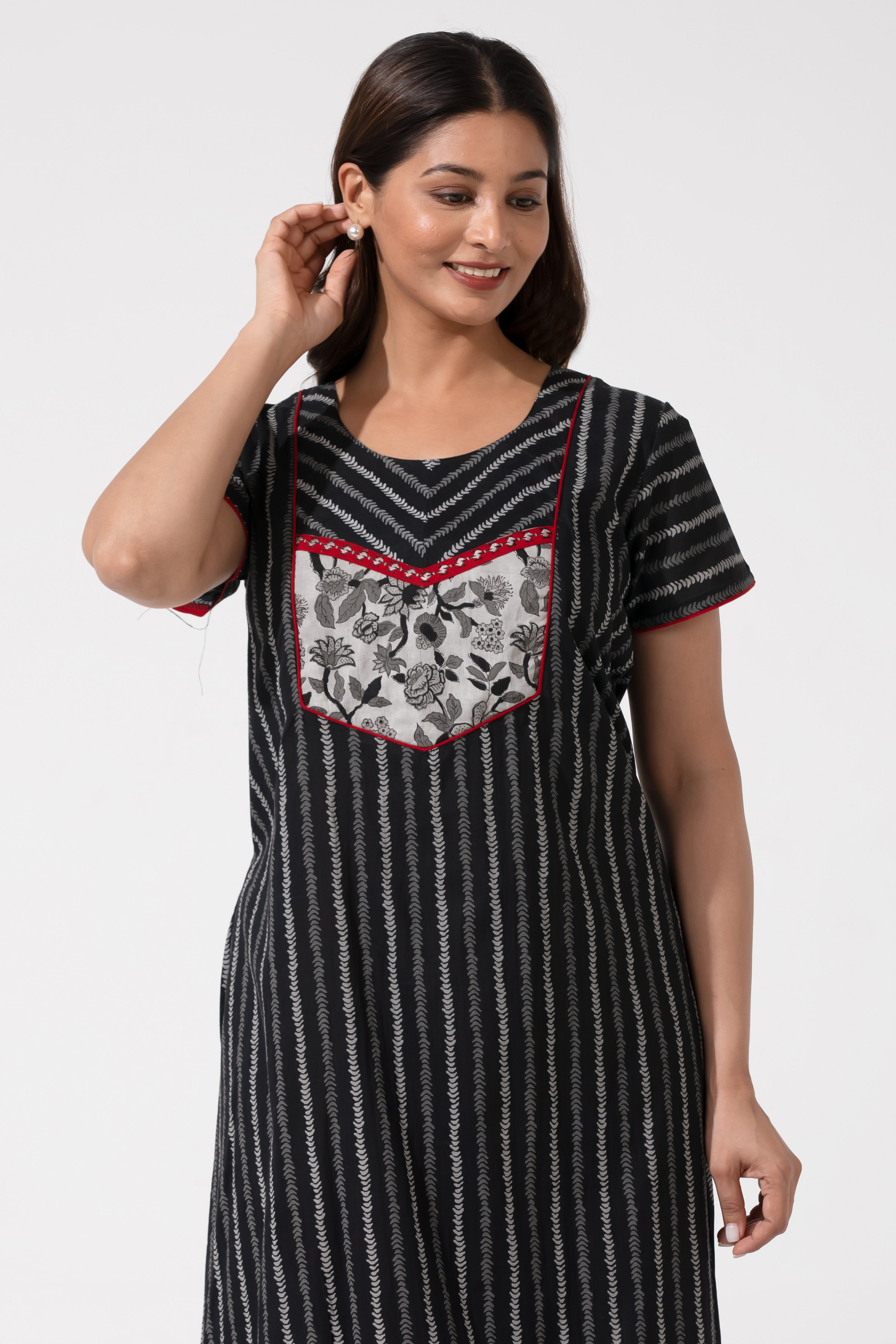 Black Printed Cotton Nightwear with Floral Yoke