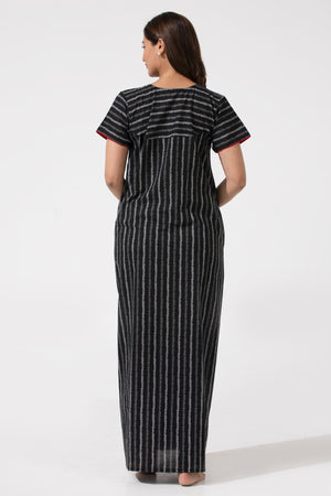 Black Printed Cotton Nightwear with Floral Yoke