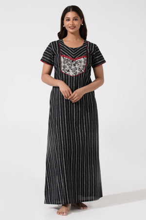 Black Printed Cotton Nightwear with Floral Yoke