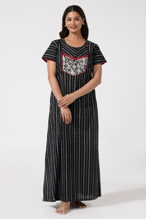 Black Printed Cotton Nightwear with Floral Yoke