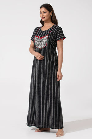 Black Printed Cotton Nightwear with Floral Yoke