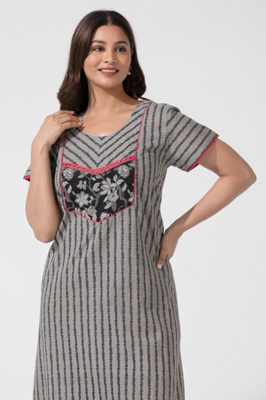 Gray Printed Cotton Nightwear with Floral Yoke