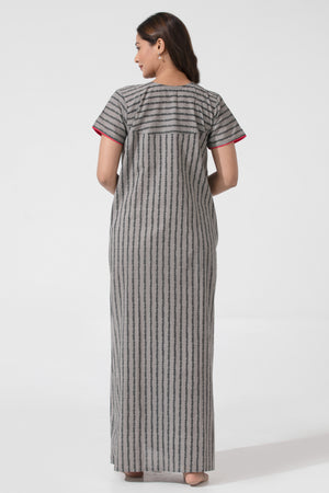 Gray Printed Cotton Nightwear with Floral Yoke