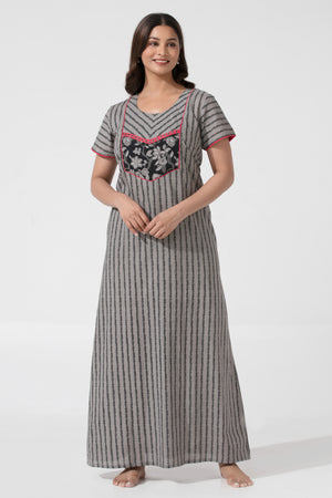 Gray Printed Cotton Nightwear with Floral Yoke