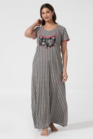 Gray Printed Cotton Nightwear with Floral Yoke