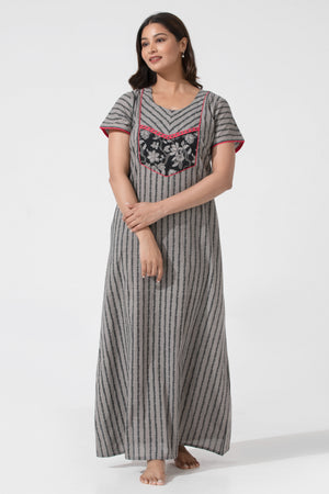 Gray Printed Cotton Nightwear with Floral Yoke