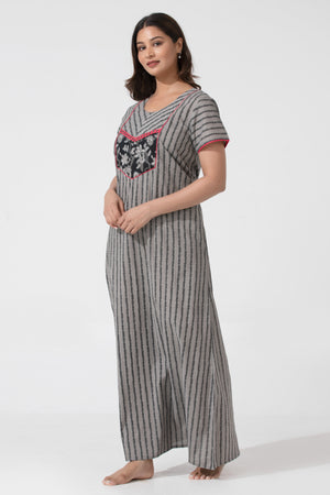 Gray Printed Cotton Nightwear with Floral Yoke