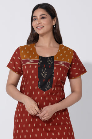 Maroon Ikkat Printed Cotton Nightwear with Plain Black Yoke Design