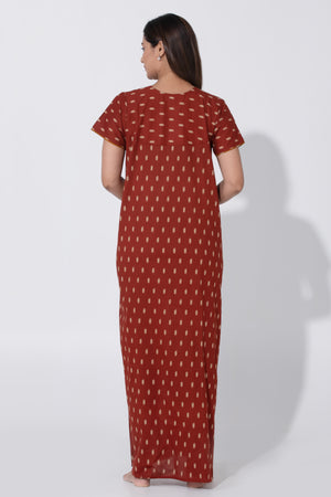 Maroon Ikkat Printed Cotton Nightwear with Plain Black Yoke Design