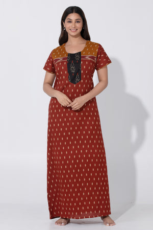 Maroon Ikkat Printed Cotton Nightwear with Plain Black Yoke Design