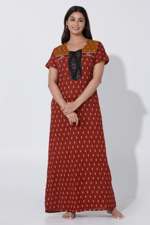 Maroon Ikkat Printed Cotton Nightwear with Plain Black Yoke Design