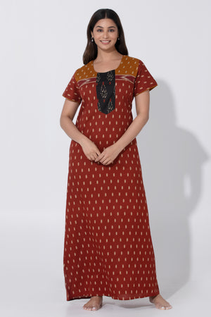 Maroon Ikkat Printed Cotton Nightwear with Plain Black Yoke Design