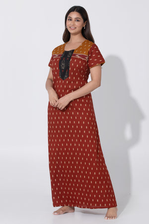 Maroon Ikkat Printed Cotton Nightwear with Plain Black Yoke Design