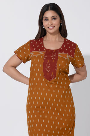 Mustard Ikkat Printed Cotton Nightwear with Plain Maroon Yoke Design