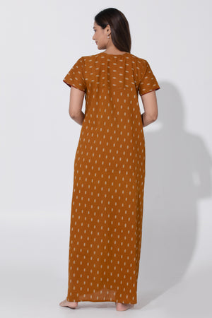 Mustard Ikkat Printed Cotton Nightwear with Plain Maroon Yoke Design