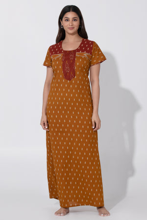 Mustard Ikkat Printed Cotton Nightwear with Plain Maroon Yoke Design