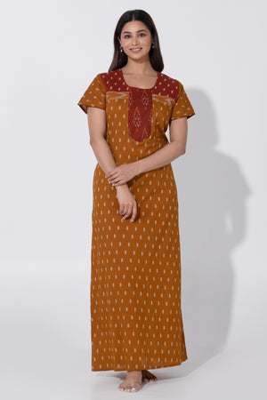 Mustard Ikkat Printed Cotton Nightwear with Plain Maroon Yoke Design