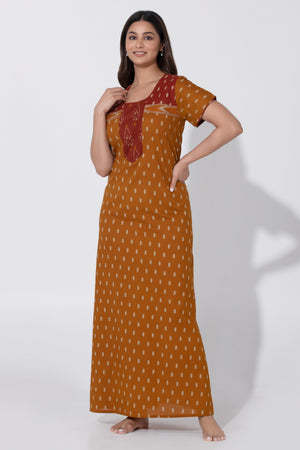 Mustard Ikkat Printed Cotton Nightwear with Plain Maroon Yoke Design