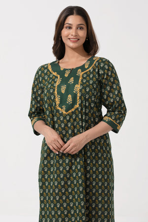 Emerald Green Floral Cotton Nighty with Button & 3/4th Sleeves