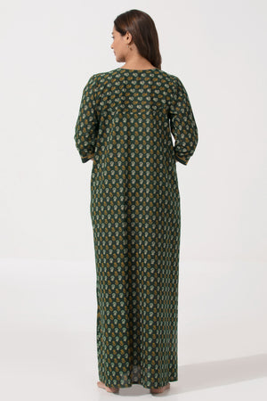 Emerald Green Floral Cotton Nighty with Button & 3/4th Sleeves