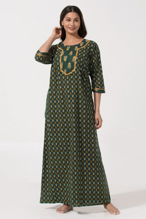 Emerald Green Floral Cotton Nighty with Button & 3/4th Sleeves