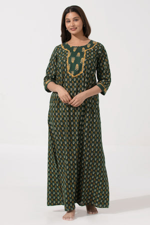 Emerald Green Floral Cotton Nighty with Button & 3/4th Sleeves