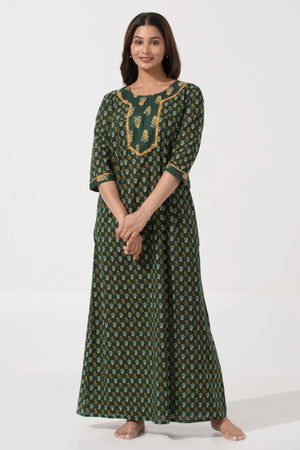 Emerald Green Floral Cotton Nighty with Button & 3/4th Sleeves