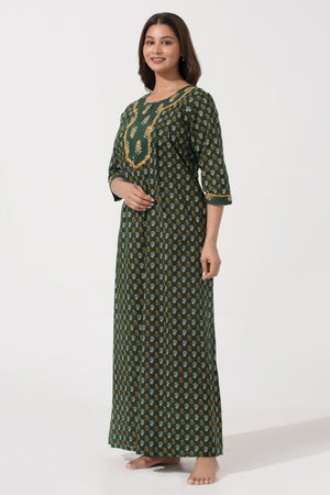 Emerald Green Floral Cotton Nighty with Button & 3/4th Sleeves