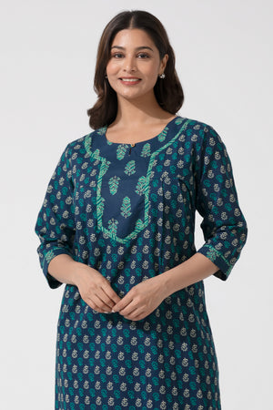Navy Blue Floral printed Nighty with 3/4th Sleeves
