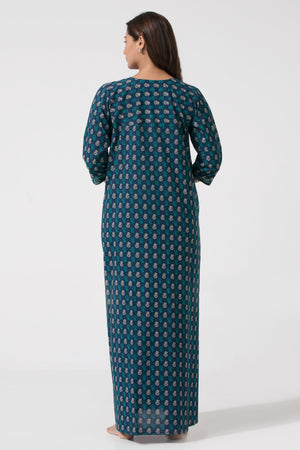 Navy Blue Floral printed Nighty with 3/4th Sleeves