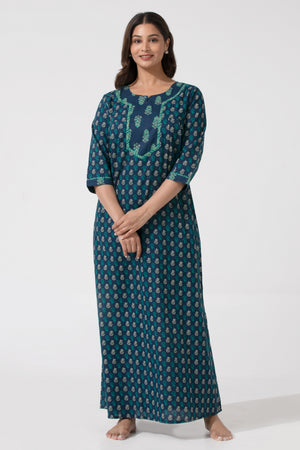 Navy Blue Floral printed Nighty with 3/4th Sleeves