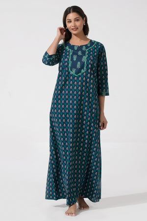 Navy Blue Floral printed Nighty with 3/4th Sleeves