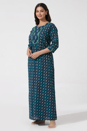 Navy Blue Floral printed Nighty with 3/4th Sleeves