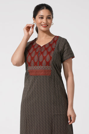 Black Cotton Nighty with Ajrakh Print