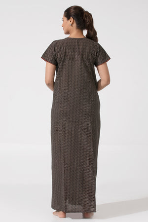 Black Cotton Nighty with Ajrakh Print