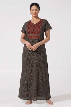 Black Cotton Nighty with Ajrakh Print