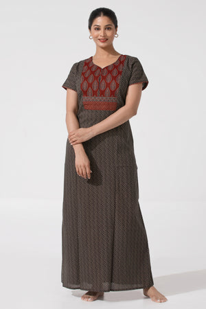 Black Cotton Nighty with Ajrakh Print