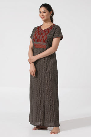 Black Cotton Nighty with Ajrakh Print
