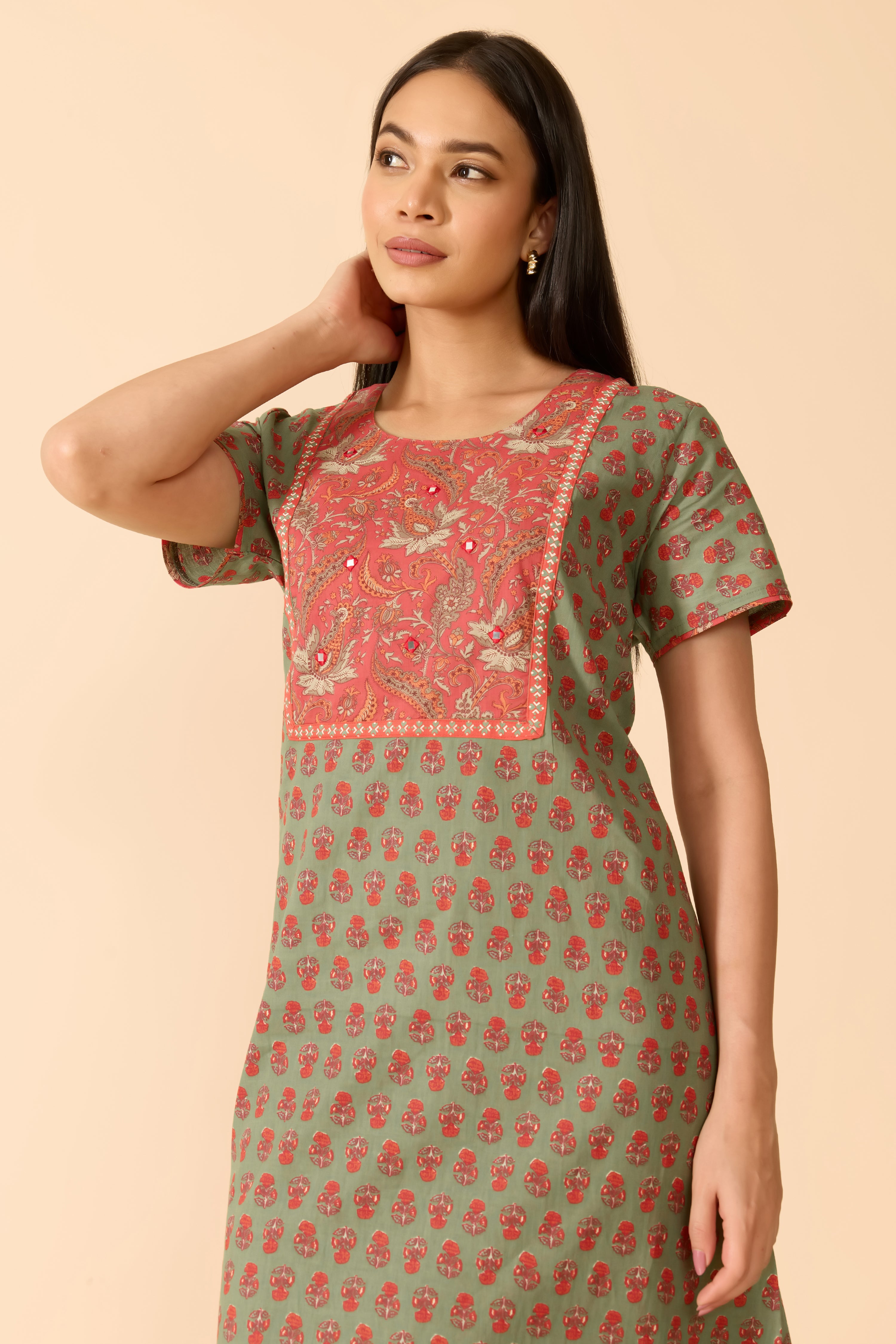 Grey Paisley Cotton Nightwear with Floral Yoke