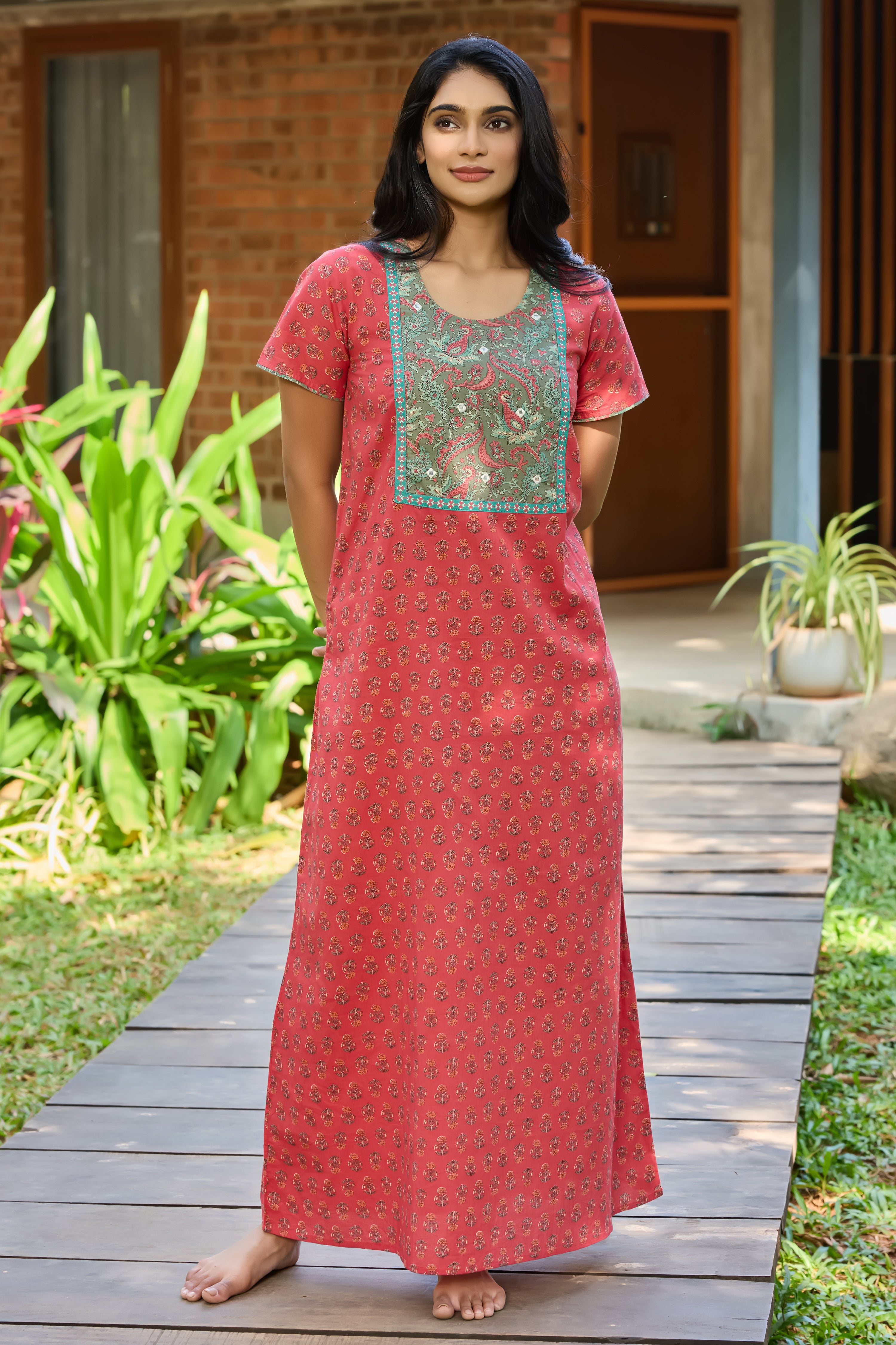 Rust Floral Cotton Nightwear with Paisley Yoke